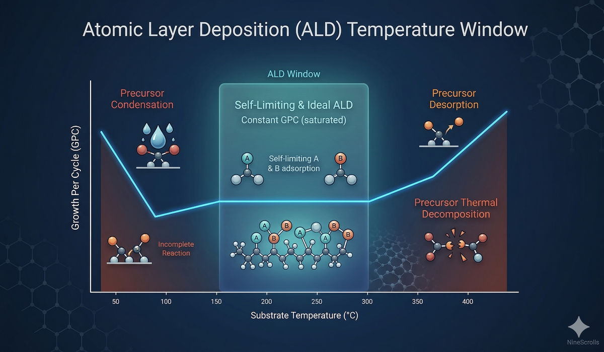 ALD temperature window diagram showing condensation, self-limiting growth window, and decomposition regions