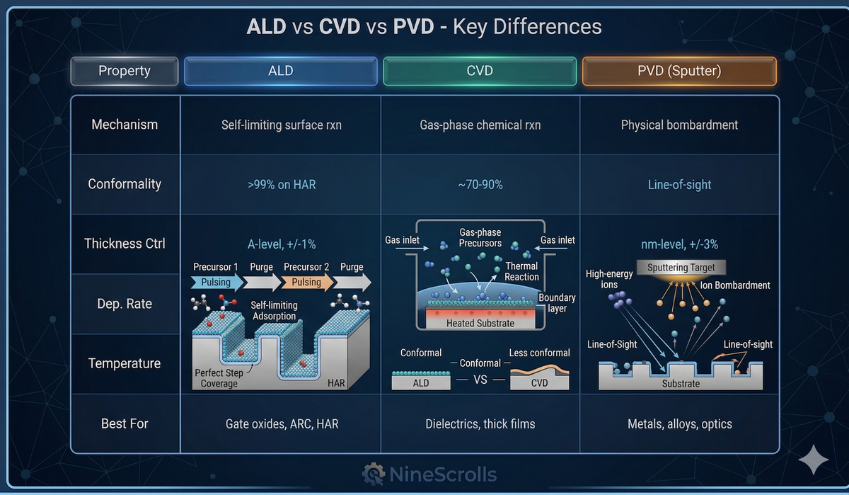 Comparison table of ALD vs CVD vs PVD deposition techniques showing key differences in mechanism, conformality, thickness control, rate, and temperature