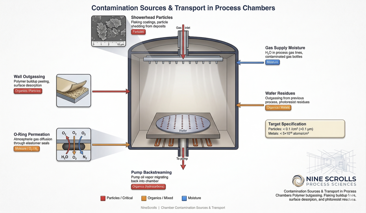 Contamination sources and transport pathways in a process chamber