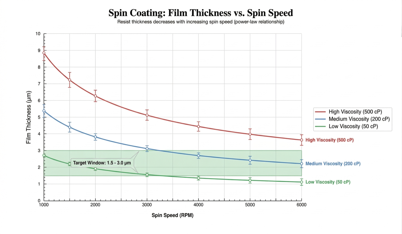 Film thickness versus spin speed curves for different resist viscosities