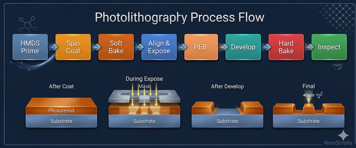 Photolithography process flow: HMDS prime, spin coat, soft bake, expose, PEB, develop, hard bake, inspect