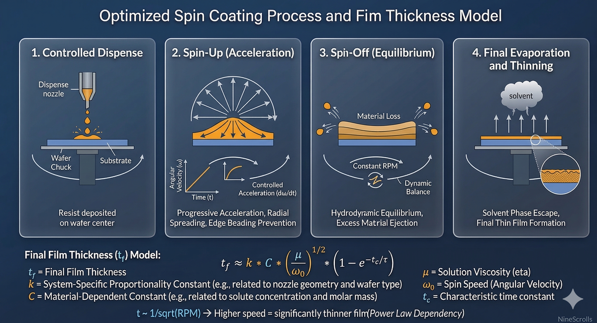 Four stages of spin coating: dispense, spin-up, spin-off, and evaporation with cross-section diagrams