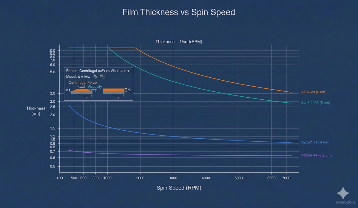 Film thickness vs spin speed curves for different photoresists showing inverse square root relationship