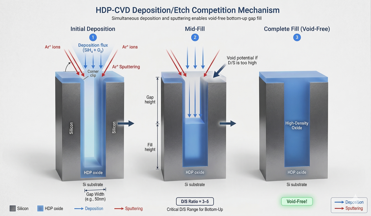 HDP-CVD simultaneous deposition and etch gap fill mechanism