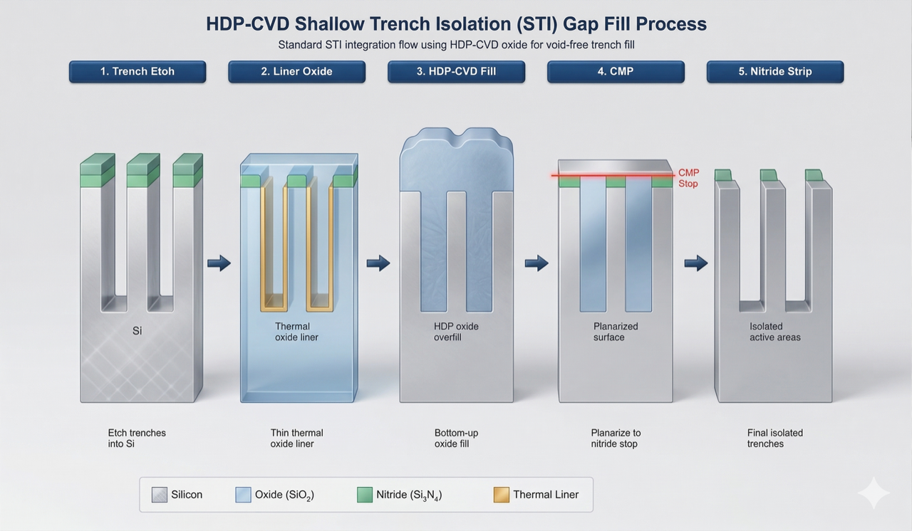 STI shallow trench isolation gap fill process flow using HDP-CVD