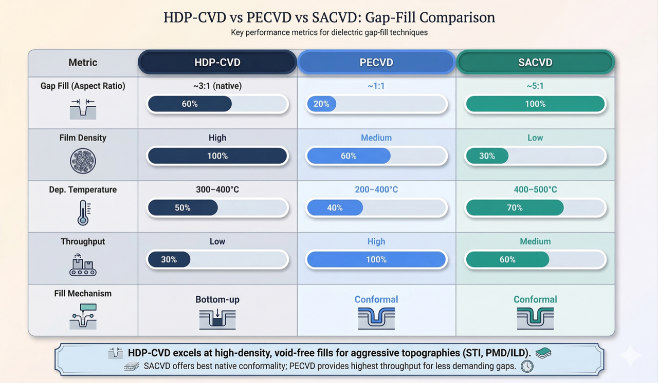 Comparison of HDP-CVD PECVD and SACVD gap fill techniques