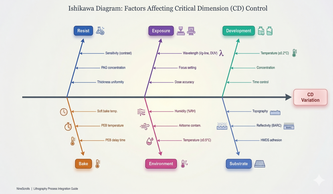 Ishikawa fishbone diagram of CD control factors in lithography
