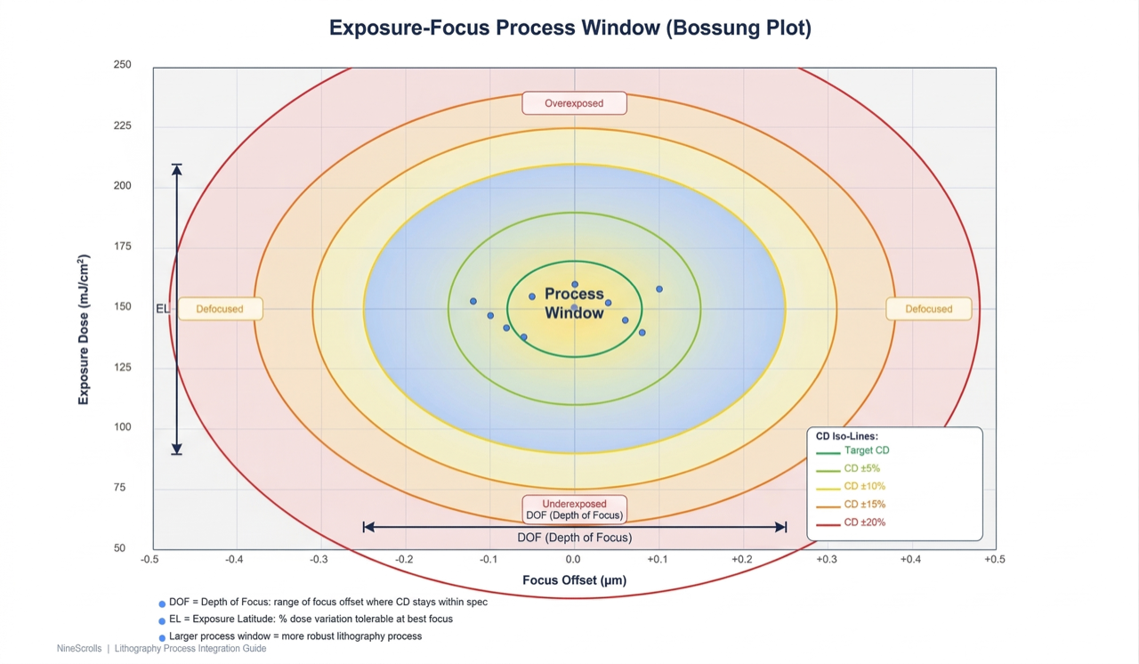 Exposure dose versus focus process window Bossung plot