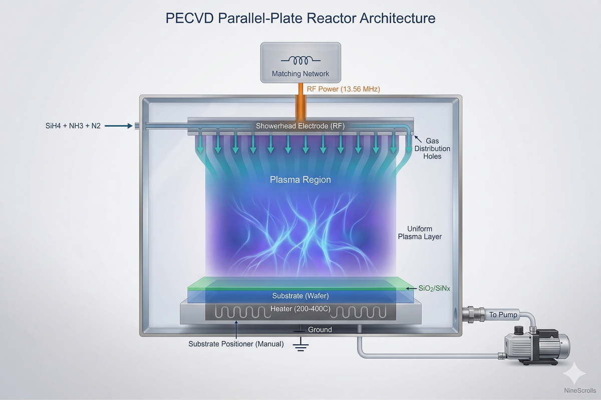 PECVD parallel-plate reactor architecture showing showerhead electrode, plasma region, substrate heater, and gas flow