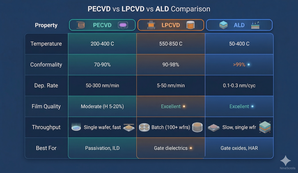 PECVD vs LPCVD vs ALD comparison table showing temperature, conformality, deposition rate, and film quality