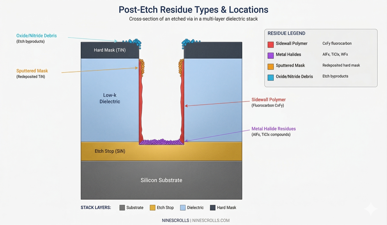 Classification of post-etch residue types in etched features