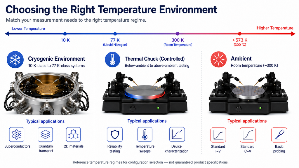 Ambient, thermal-chuck, and cryogenic-vacuum probing regimes with example applications