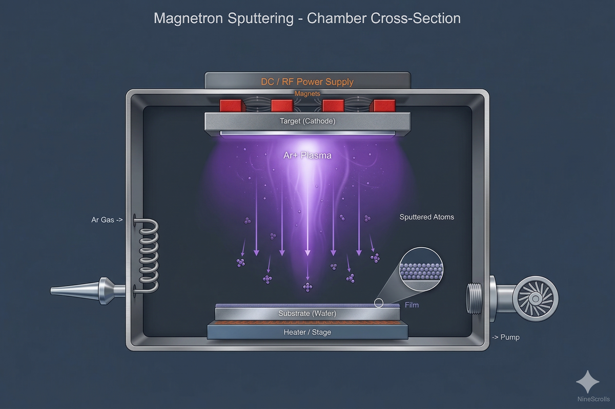Magnetron sputtering chamber cross-section showing target, magnets, plasma region, sputtered atoms, and substrate