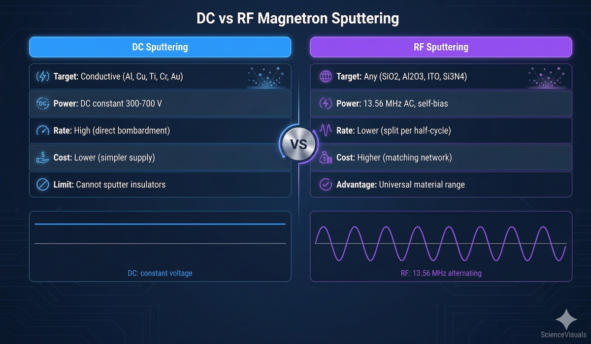 DC vs RF magnetron sputtering comparison showing power modes, target materials, and waveforms
