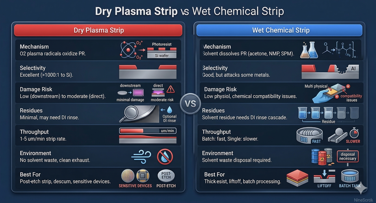 Dry plasma strip vs wet chemical strip comparison showing mechanism, selectivity, damage risk, and best use cases