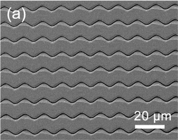 SEM image of a wave-line microstructure array fabricated in sapphire