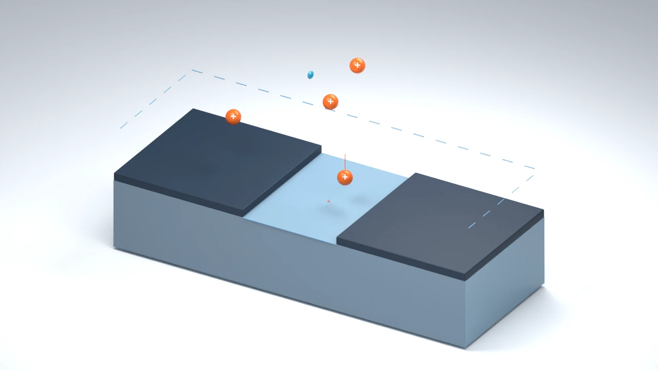 Positive ions approach an opening in a masked substrate through a schematic sheath.